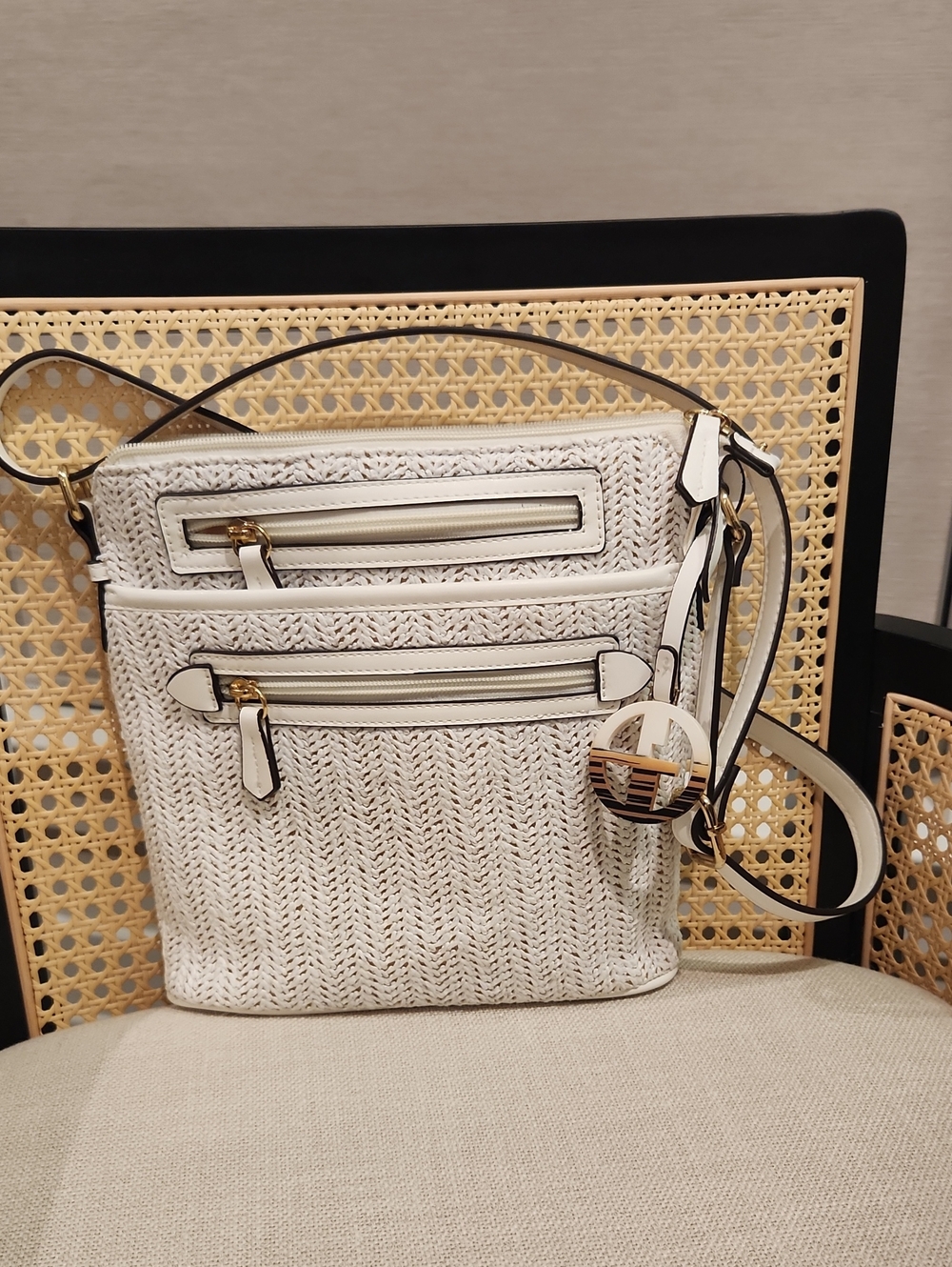 Giani Bernini Cream Woven Shoulder Bag with Gold Accents